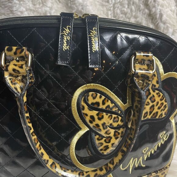 Loungefly Disney Minnie Mouse Dome Satchel synthetic patent black& leopard print - Picture 4 of 16